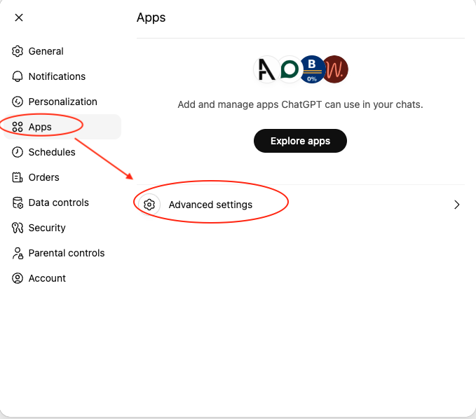 ChatGPT apps advanced settings