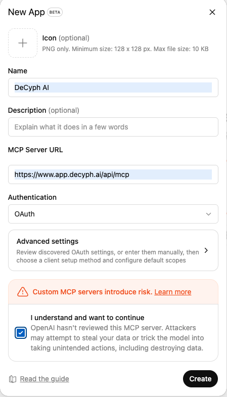 ChatGPT MCP URL field with DeCyph endpoint