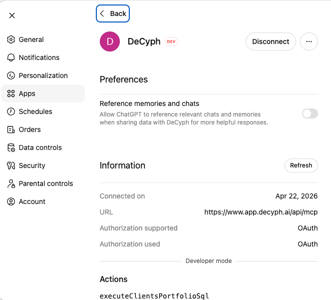 ChatGPT showing DeCyph as connected