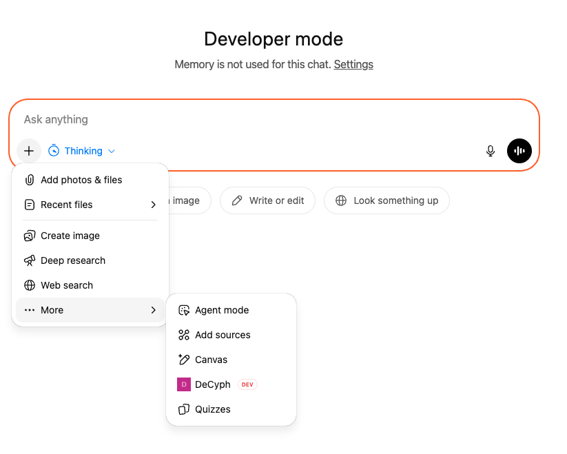 ChatGPT dropdown with DeCyph selected for asking questions