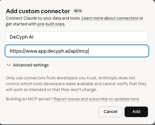 Claude add MCP connector