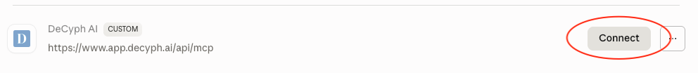 Claude MCP URL field filled with DeCyph endpoint